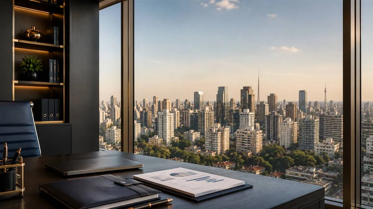 Mesa de escritório com laptop, agenda e documentos, em frente a uma janela ampla com vista para o horizonte da cidade