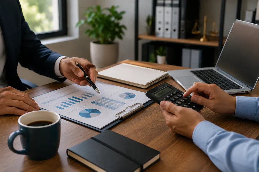 Duas pessoas revisando um relatório financeiro juntas em uma mesa de escritório