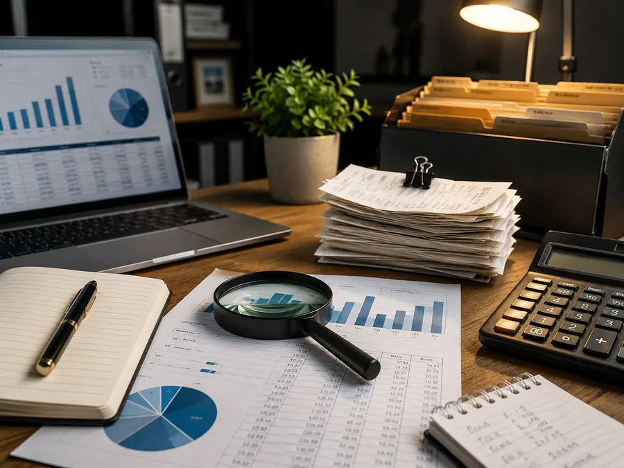 Lupa sobre um relatório financeiro, com uma pilha de recibos e uma calculadora ao lado