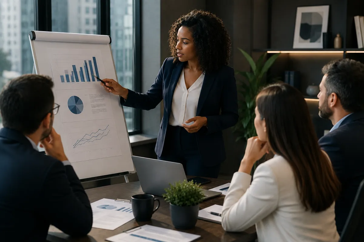 Consultora apresentando gráficos em um flip chart para um grupo de três pessoas em uma sala de reunião