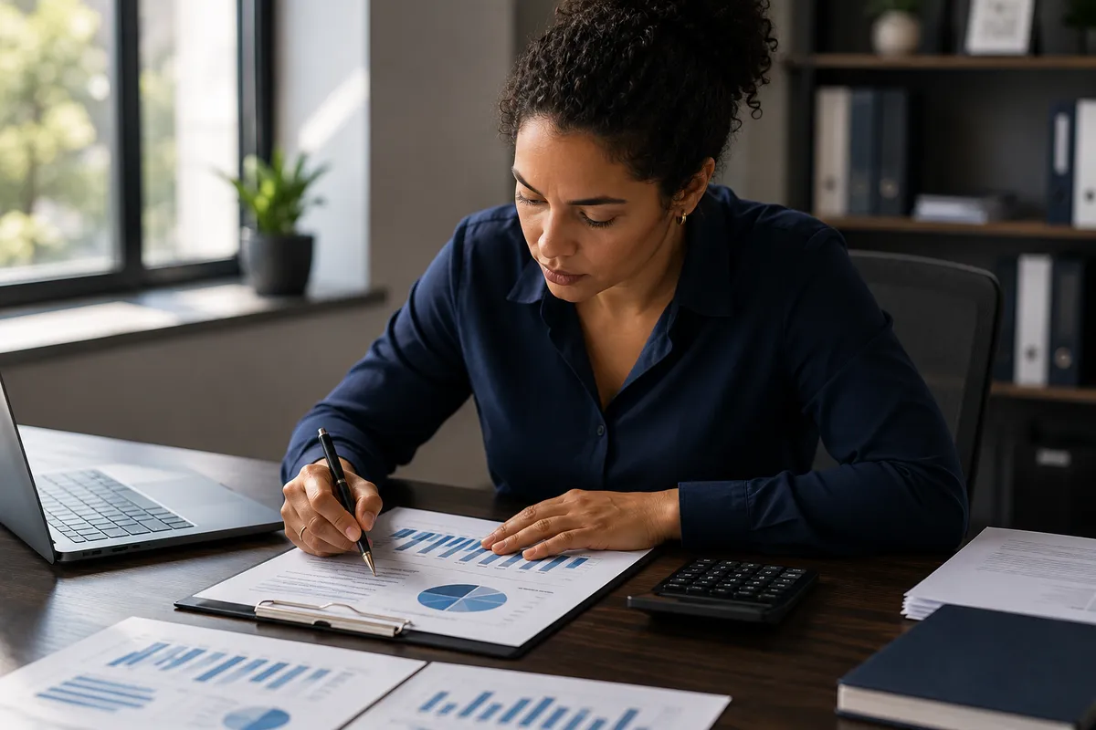 Profissional usando uma calculadora enquanto analisa um relatório financeiro com gráficos