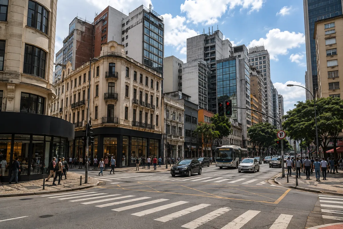Cruzamento no centro de São Paulo com fachadas de diferentes épocas, ônibus e movimento de pedestres